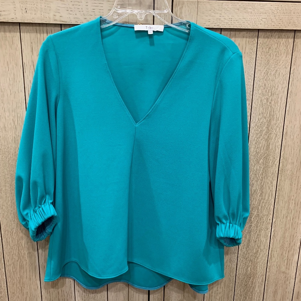 Tibi V-neck Crepe Top, Teal color, Size XXS